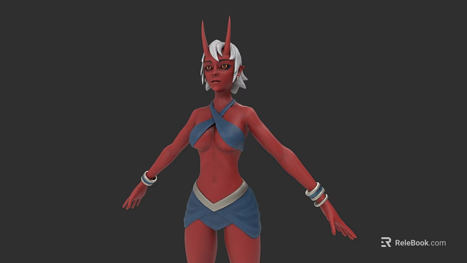 Woman With Red Skin White Hair Horns Blue Outfit And Bracelets 3d model 