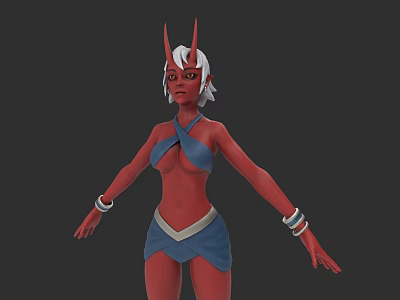 Woman With Red Skin White Hair Horns Blue Outfit And Bracelets 3d model