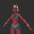 Woman With Red Skin White Hair Horns Blue Outfit And Bracelets