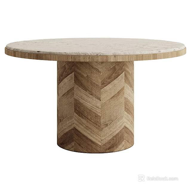 Stylish Round Dining Table With Marble Tabletop And Herringbone Wooden Base Design 3d model