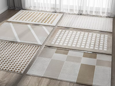 Square Rugs With Various Patterns And Neutral Tones Displayed On Wooden Floor 3d model