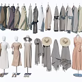 Stylish Clothes Collection With Hanging Outfits Mannequins Hats And Scarves In Neutral Tones