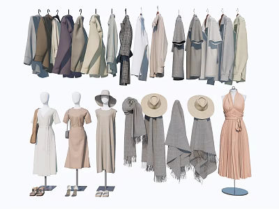 Stylish Clothes Collection With Hanging Outfits Mannequins Hats And Scarves In Neutral Tones 3d model