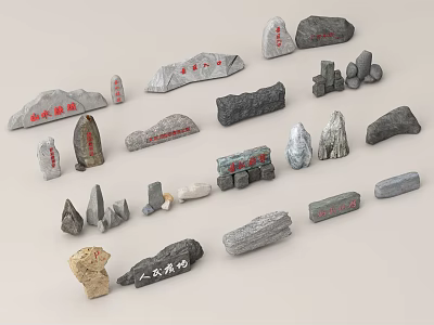 Stone and Wood Decorative Pieces With Carved Inscriptions And Various Shapes 3d model