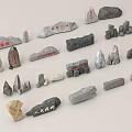 Stone and Wood Decorative Pieces With Carved Inscriptions And Various Shapes