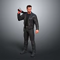 Man in black leather jacket holding gun with black pants and boots standing pose