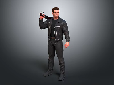 Man in black leather jacket holding gun with black pants and boots standing pose 3d model