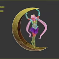 Colorful Game Character Standing On Yellow Moon With Long Blonde Hair Blue Skirt Red Boots