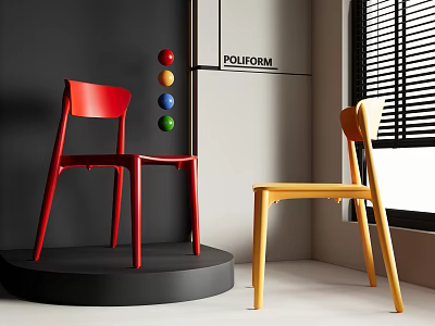 Red And Yellow Modern Single Chair With Black Wall Colorful Spheres And Window Blinds 3d model