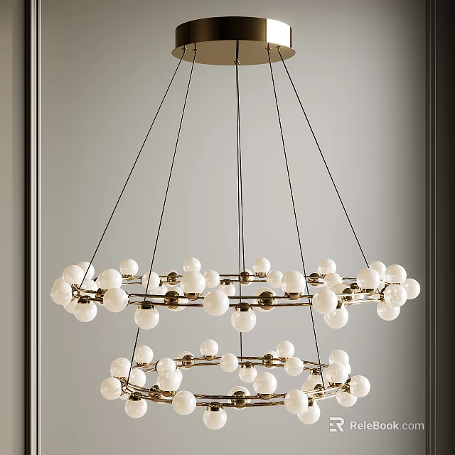 Elegant Modern Chandelier With White Spherical Shades Gold Metal Rings And Suspended Black Cords 3d model 