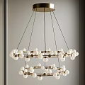 Elegant Modern Chandelier With White Spherical Shades Gold Metal Rings And Suspended Black Cords