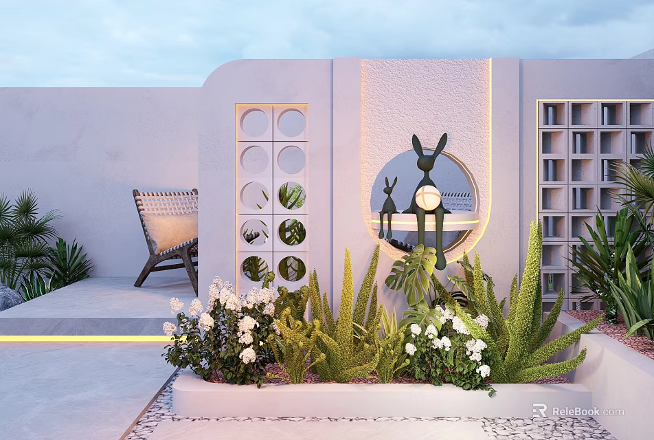 Modern Feature Wall Design With Circular Windows Rabbit Sculpture Green Plants And Lighting 3d model 