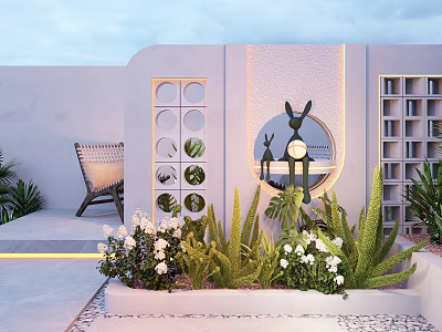 Modern Feature Wall Design With Circular Windows Rabbit Sculpture Green Plants And Lighting 3d model