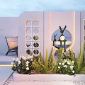 Modern Feature Wall Design With Circular Windows Rabbit Sculpture Green Plants And Lighting 3d model