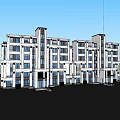 Modern Multi Story Residential Building Exterior With Greenery Lawn And Blue Sky