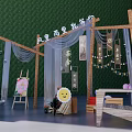 Wooden Frame Photo Check-in Spot With White Curtains Calligraphy Signs And Green Backdrop