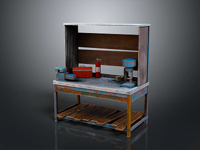 Industrial Workbench With Metal Frame Wooden Pallet Shelves Red Fire Extinguisher Blue Machine And Boxes 3d model