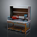 Industrial Workbench With Metal Frame Wooden Pallet Shelves Red Fire Extinguisher Blue Machine And Boxes