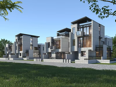 Modern Semi Detached Villa With Large Glass Windows And Lush Green Surroundings 3d model