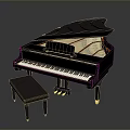 Black Grand Piano With Purple Stool For Home Living Room Decoration Use