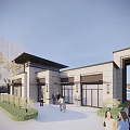 Sunlit Modern Entrance Gate With Central Water Fountain And Parked Cars