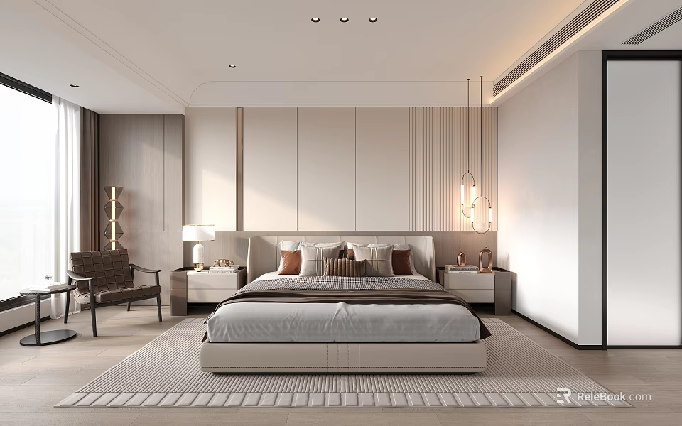 Modern Bedroom Interior Design With Bed Nightstands Pendant Lights And Area Rug 3d model 