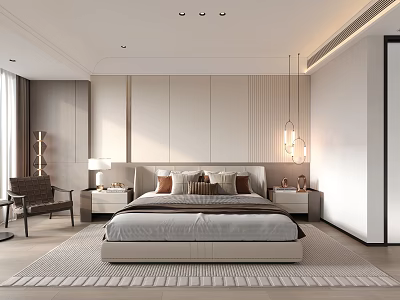 Modern Bedroom Interior Design With Bed Nightstands Pendant Lights And Area Rug 3d model