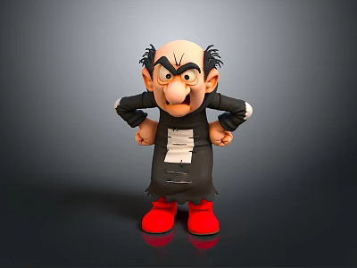 Bald Cartoon Character With Angry Expression Black Hair Red Shoes And Hands On Hips 3d model