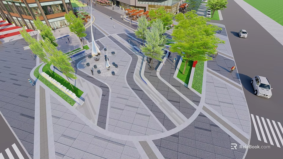 Urban Public Square Landscape With Curved Pathways Green Trees And Pedestrian Areas 3d model 