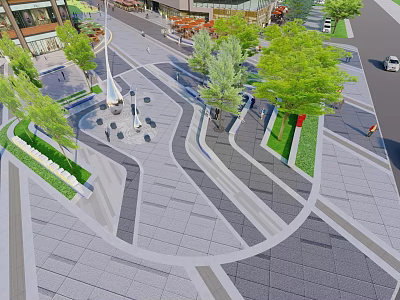 Urban Public Square Landscape With Curved Pathways Green Trees And Pedestrian Areas 3d model