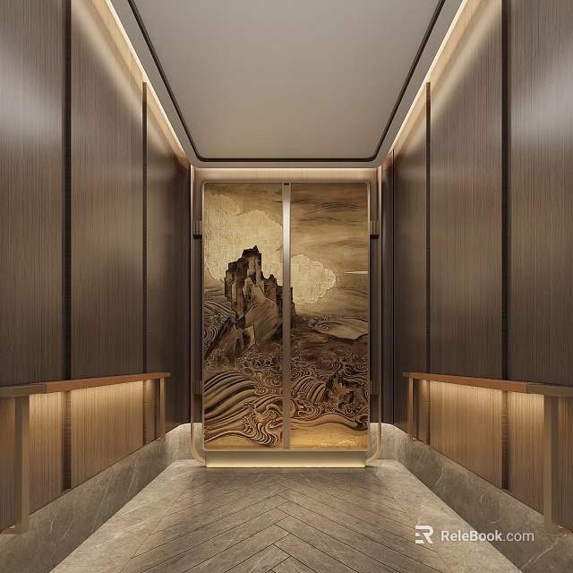 Luxury Elevator Interior With Artistic Landscape Mural And Wooden Panels 3d model 