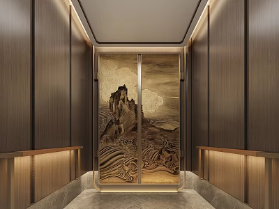 Luxury Elevator Interior With Artistic Landscape Mural And Wooden Panels 3d model