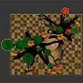 Tree Sculpture With Green Leaves Red Yellow Flowers Trunk Face Hand Holding Cheek Checkerboard Base
