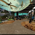 Interactive Museum Exhibit Area With Hanging Pterosaur Models Dinosaur Murals And Soft Lighting 3d model