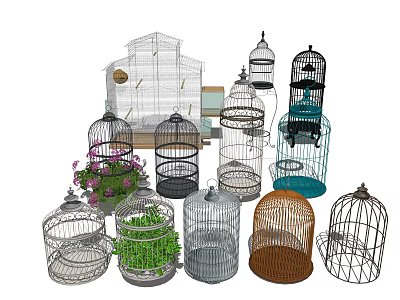 Decorative Ornament Set Featuring Multiple Birdcages Green Plants And Various Styles 3d model