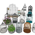 Decorative Ornament Set Featuring Multiple Birdcages Green Plants And Various Styles