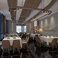 Elegant Banquet Hall Interior With Round Tables Hanging Lights And Wall Decorations