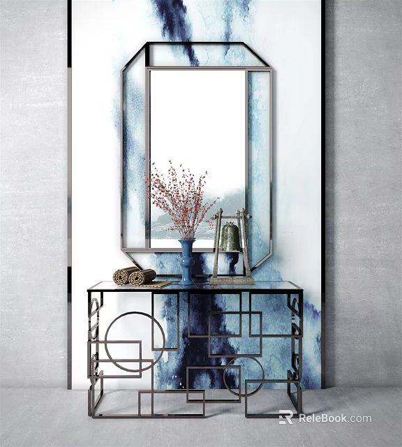 Modern Interior Console Table with Mirror Red Flowers Blue Vase and Decorations 3d model 