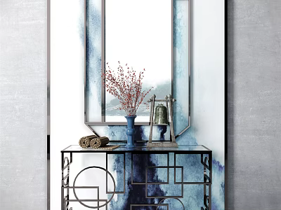 Modern Interior Console Table with Mirror Red Flowers Blue Vase and Decorations 3d model