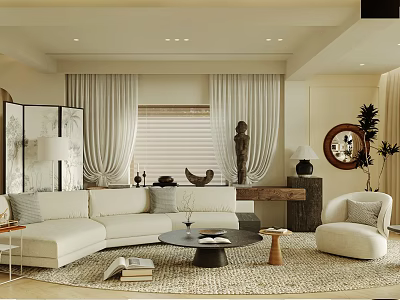 Warm Modern Living Room Interior With Beige Sofa Wooden Divider And Round Rug 3d model