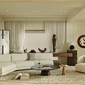 Warm Modern Living Room Interior With Beige Sofa Wooden Divider And Round Rug