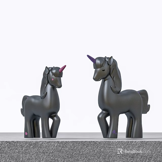 Decorative Ornament Set with Two Black Unicorn Figurines Purple Horns and Pink Accents 3d model 
