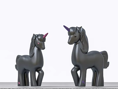 Decorative Ornament Set with Two Black Unicorn Figurines Purple Horns and Pink Accents 3d model