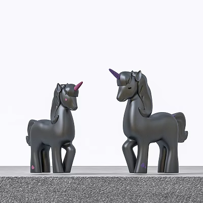Decorative Ornament Set with Two Black Unicorn Figurines Purple Horns and Pink Accents 3d model