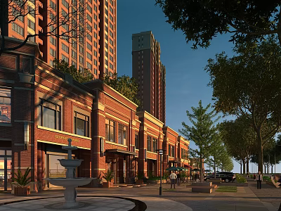Vibrant Commercial Street with Red Brick Buildings High Rise Towers Trees and Fountain 3d model