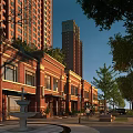 Vibrant Commercial Street with Red Brick Buildings High Rise Towers Trees and Fountain
