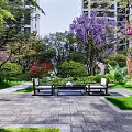 Chinese Garden Landscape Featuring Pagoda Waterfall Stone Bridge Lush Greenery and High-rise Buildings