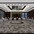 Luxurious Conference Room Interior With Round Carpet White Chairs Wooden Wall Panels And Chandelier
