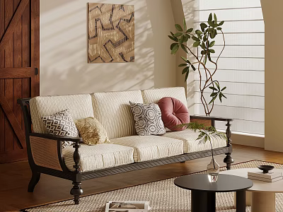 Multi Person Sofa with Decorative Pillows Indoor Plant Coffee Table and Wall Art 3d model