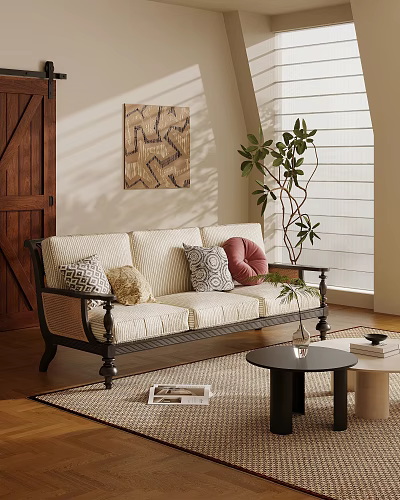 Multi Person Sofa with Decorative Pillows Indoor Plant Coffee Table and Wall Art 3d model